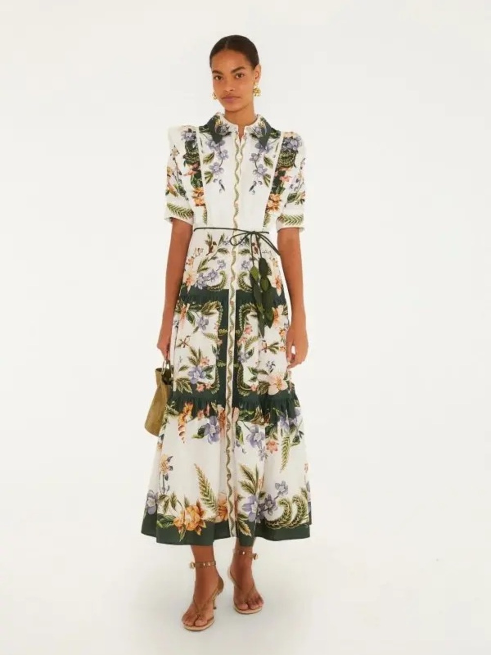 Farm Rio - Sand Nature Short
Sleeve Maxi Dress White Floralwith Green Trim
